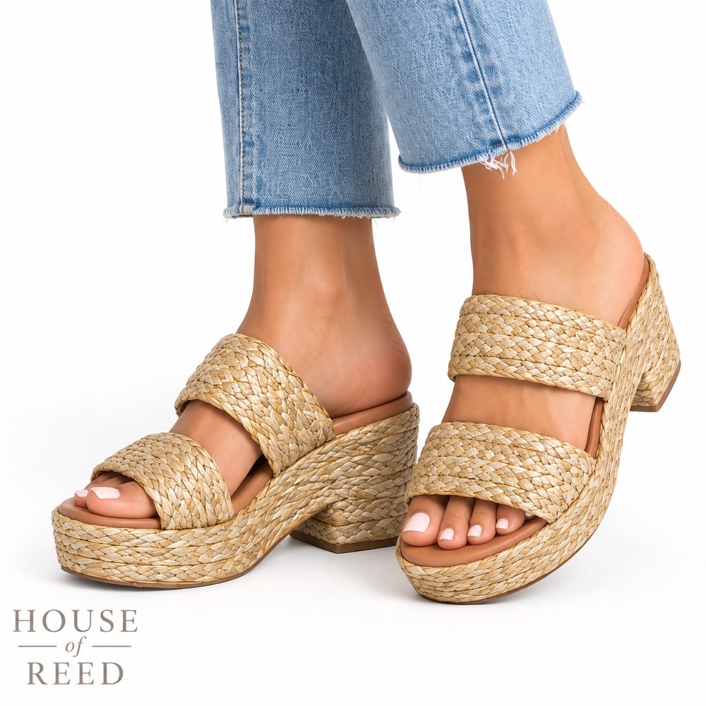 Woven Raffia Platform Sandals Size 7.5 Natural Tan Block Heel Boho Resort BEACH